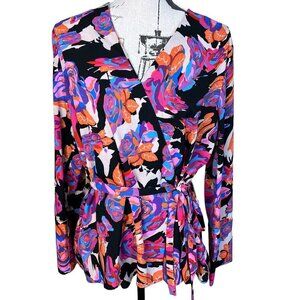 Top Shop Floral Wrap Blouse Size 10 Long Sleeve Pink Black Business Casual